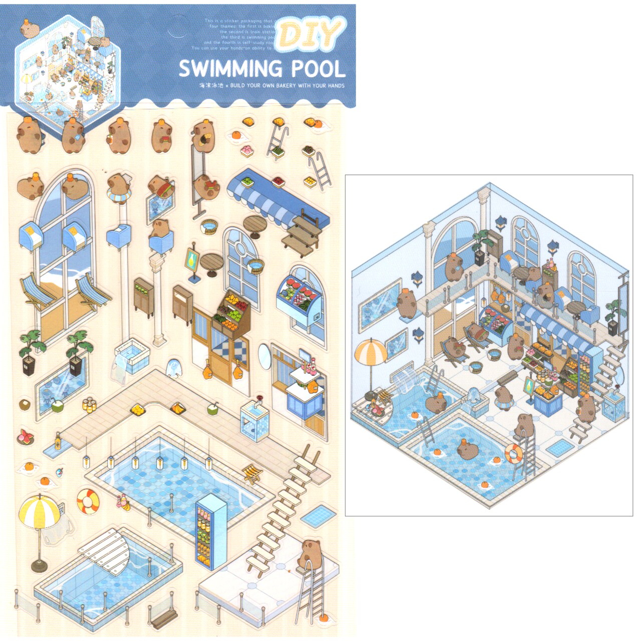 Capybara Pool Party Room Scene Stickers, Cute Isometric Set, Adorabilities